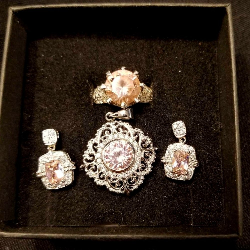 Pink and white cubic zirconia sterling silver jewelry set